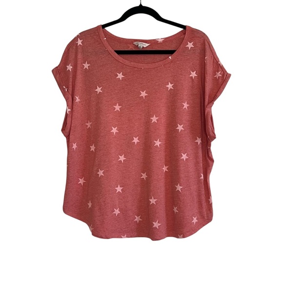 2/$30 Lucky Brand Salmon Pink Cuffed Sleeve Boxy Tee with Star Design - Picture 1 of 7